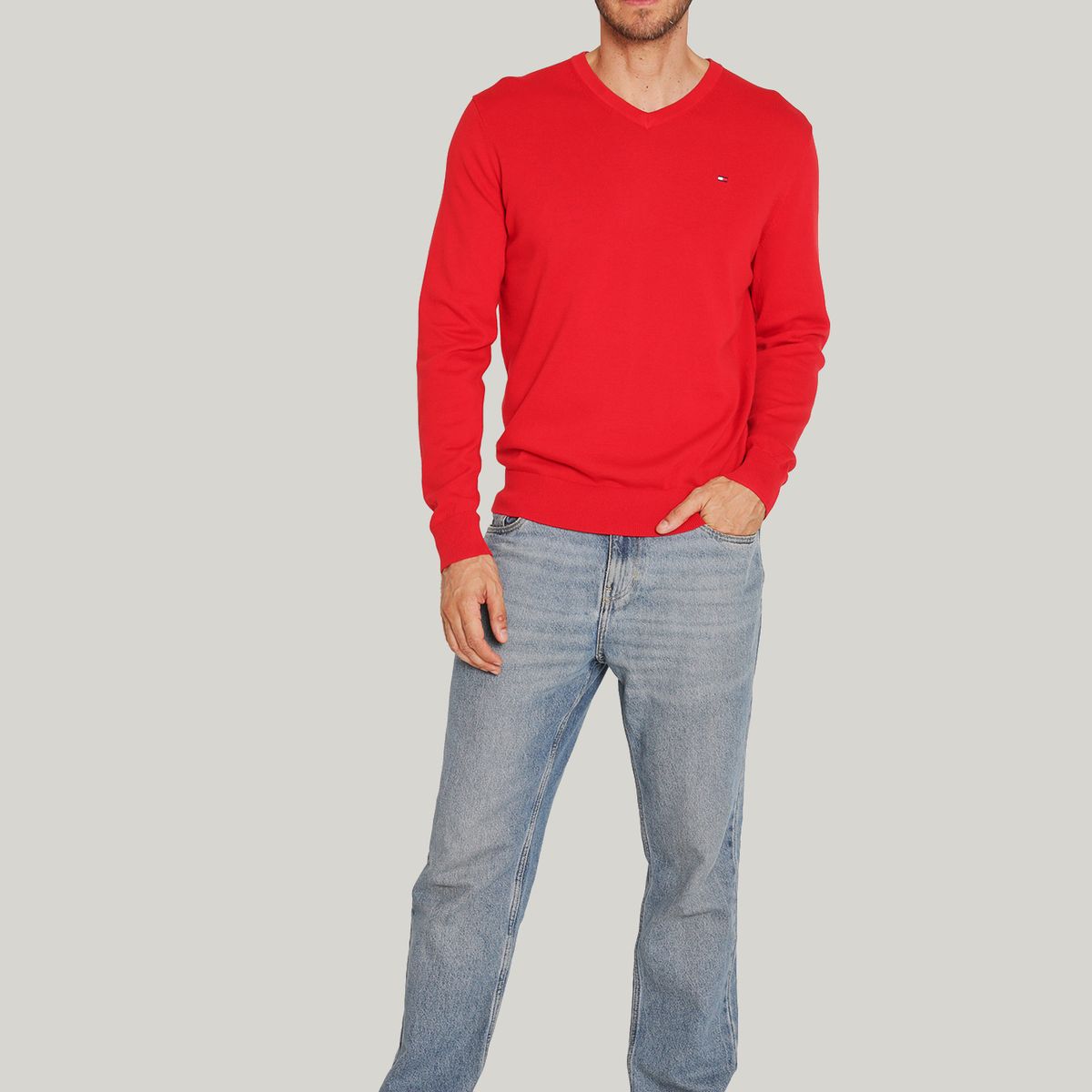 TOMMY HILFIGER - Sweater Básico Signature V-Neck Rojo Tommy Hilfiger