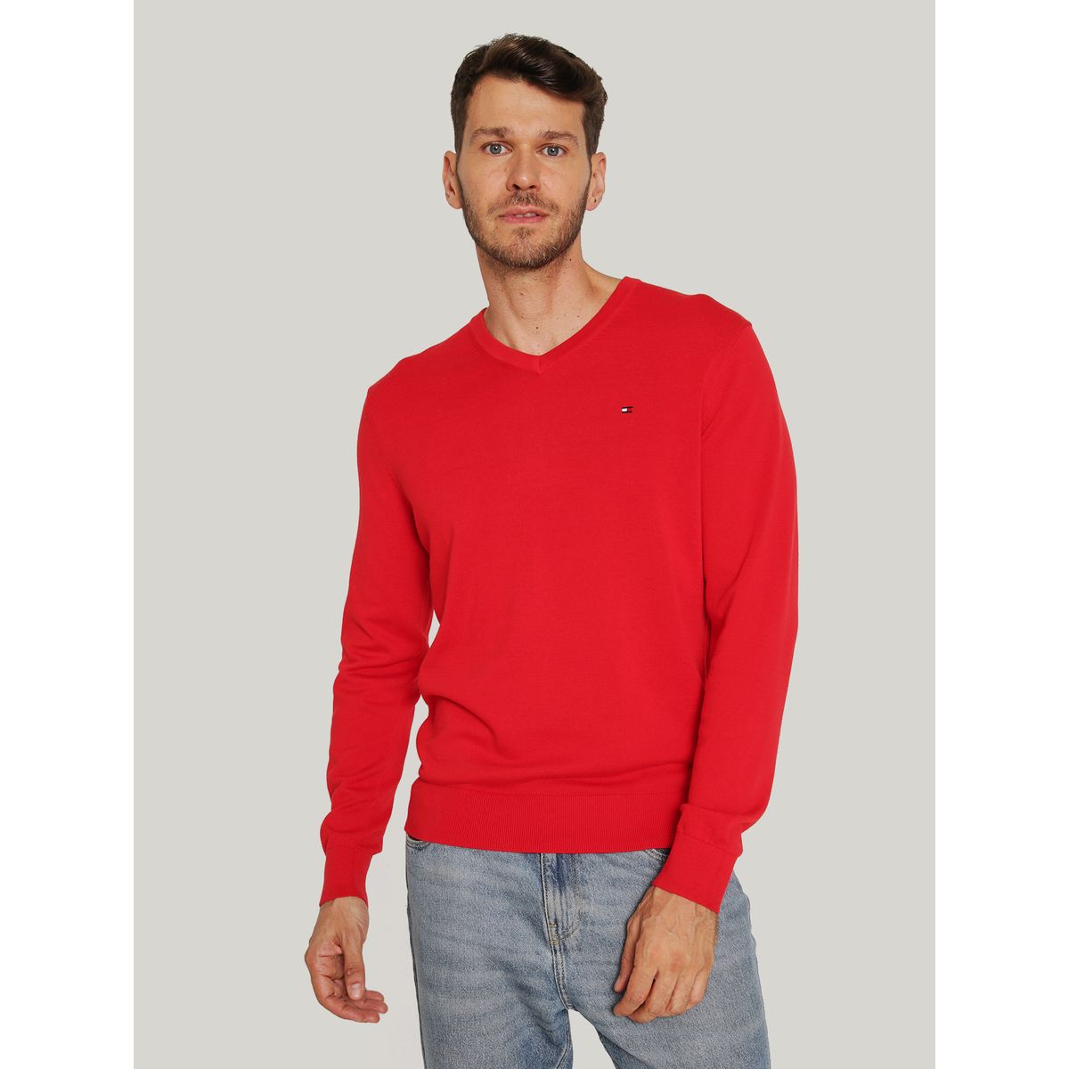TOMMY HILFIGER - Sweater Básico Signature V-Neck Rojo Tommy Hilfiger