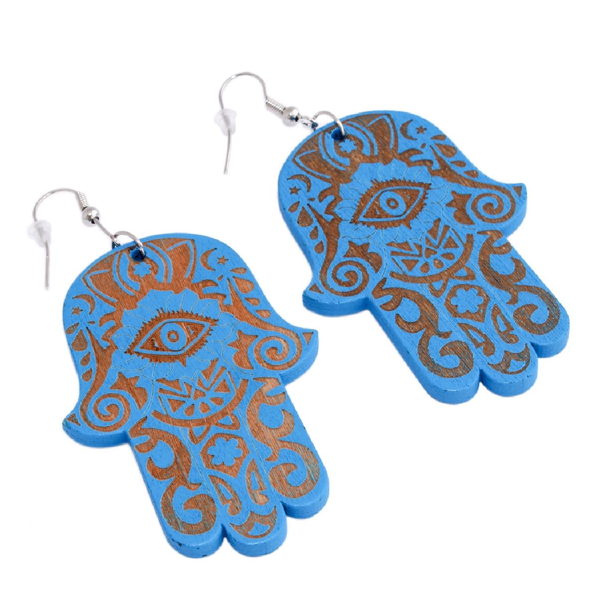 DDETALLES - Aros Mujer Largos Mano Hamsa Jamsa Madera Azul