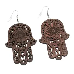 DDETALLES - Aros Mujer Colgantes Madera Mano Hamsa Marrón