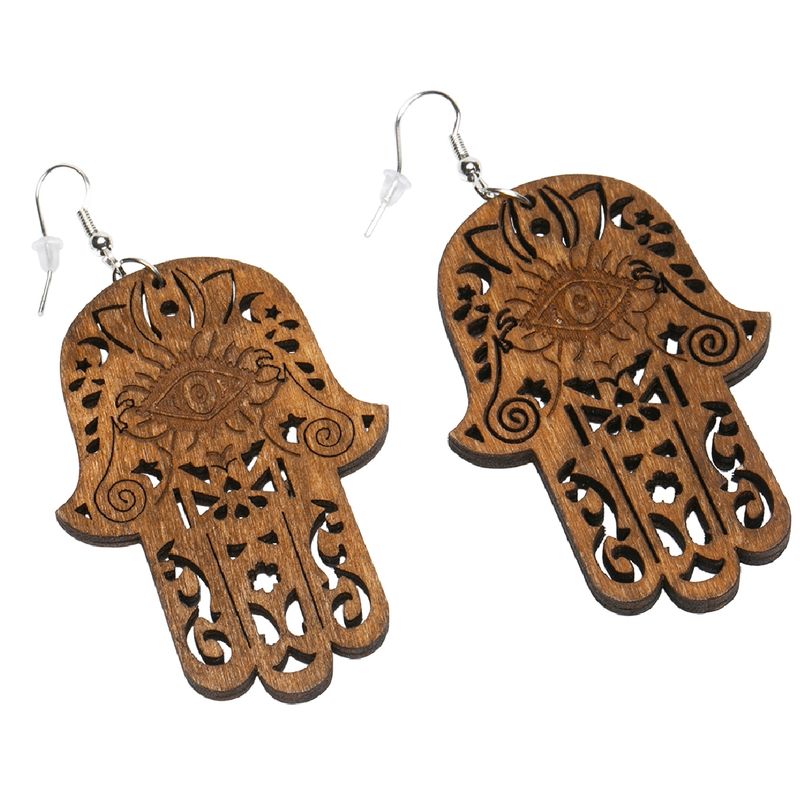 DDETALLES - Aros Mujer Colgantes Madera Mano Hamsa Café