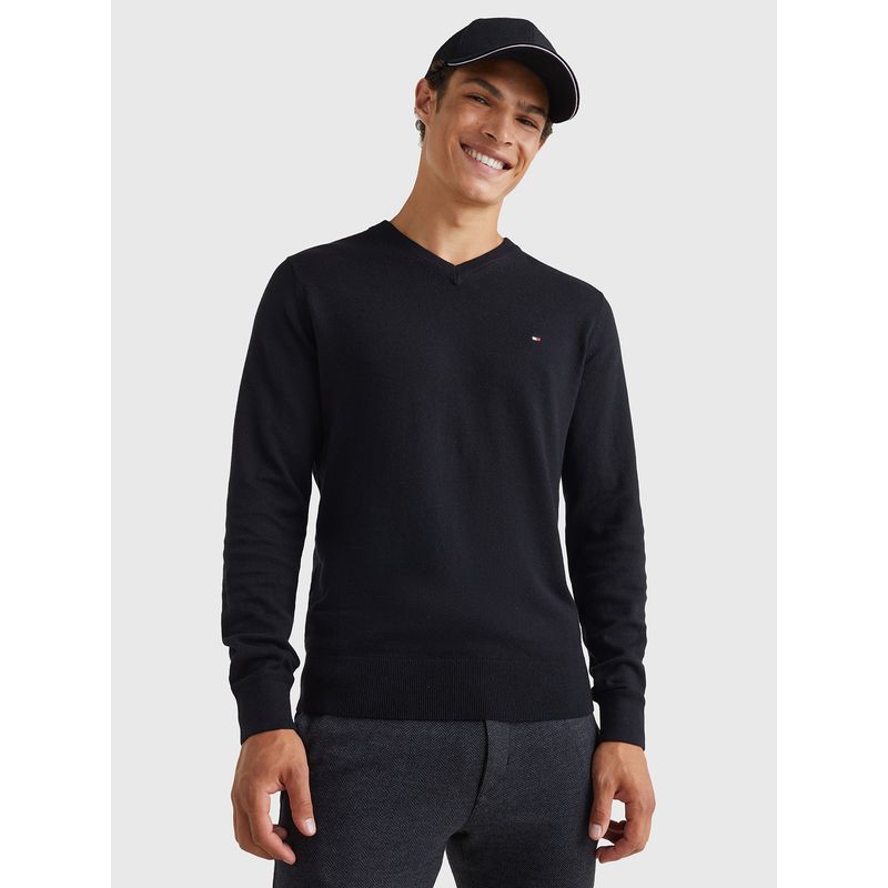 TOMMY HILFIGER - Sweater Básico Signature V-Neck Negro Tommy Hilfiger