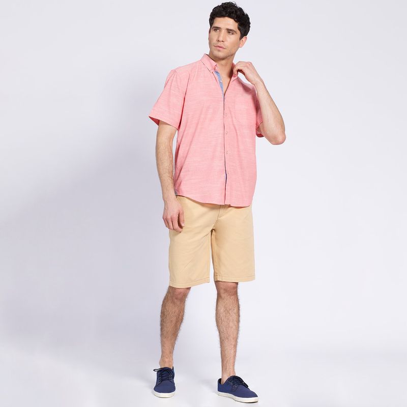 TRUVAL - Camisa Manga Corta Fantasía Lisa Regular Fit Botón Cuello Rosado TRUVAL