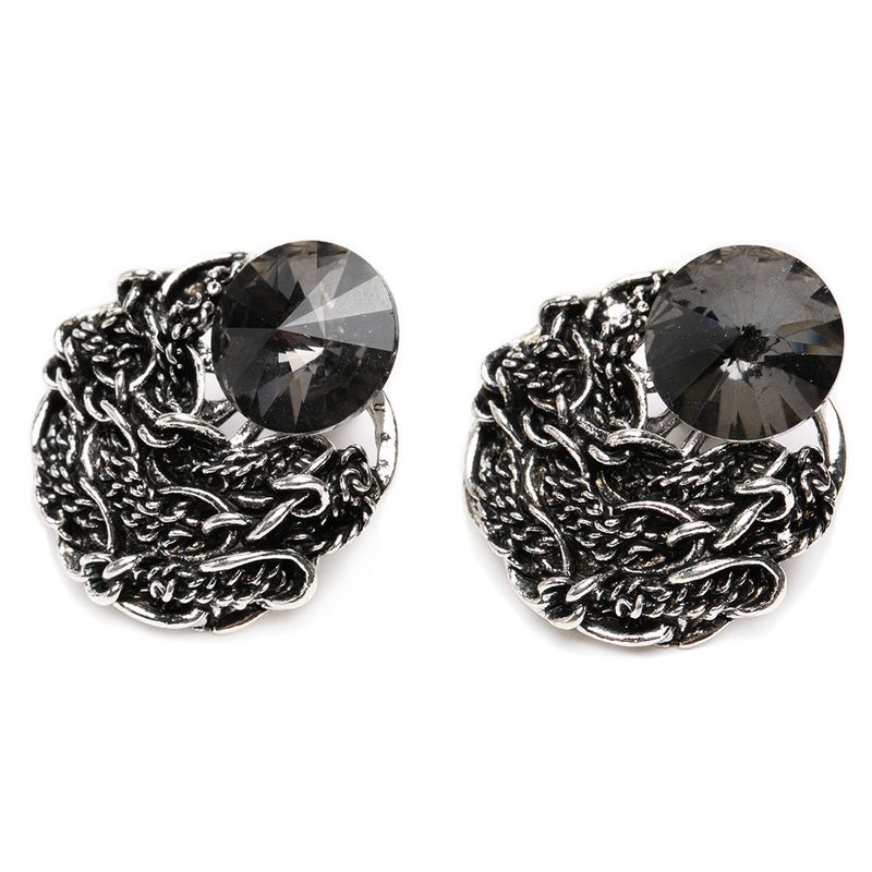 DDETALLES - Aros Mujer Cadenas Plateado Piedra Negra.-