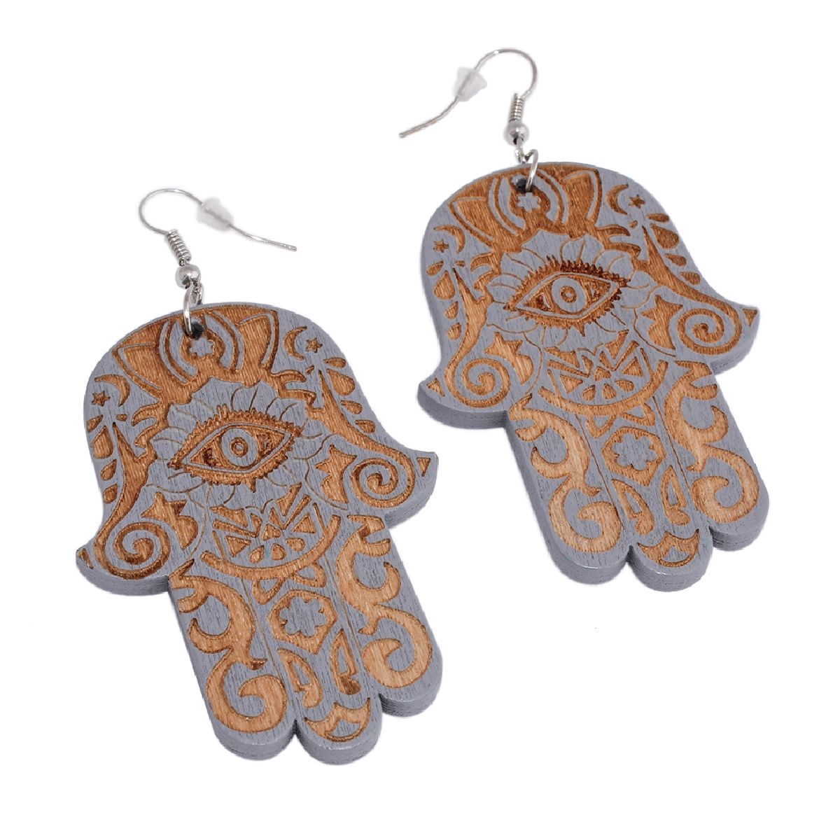 DDETALLES - Aros Mujer Largos Mano Hamsa Jamsa Madera Gris