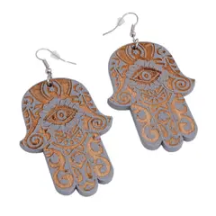 DDETALLES - Aros Mujer Largos Mano Hamsa Jamsa Madera Gris