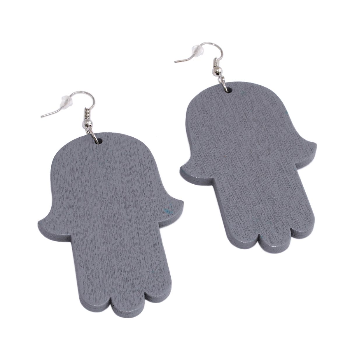 DDETALLES - Aros Mujer Largos Mano Hamsa Jamsa Madera Gris