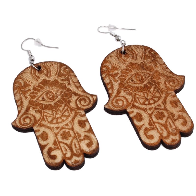 DDETALLES - Aros Mujer Largos Mano Hamsa Jamsa Madera Café