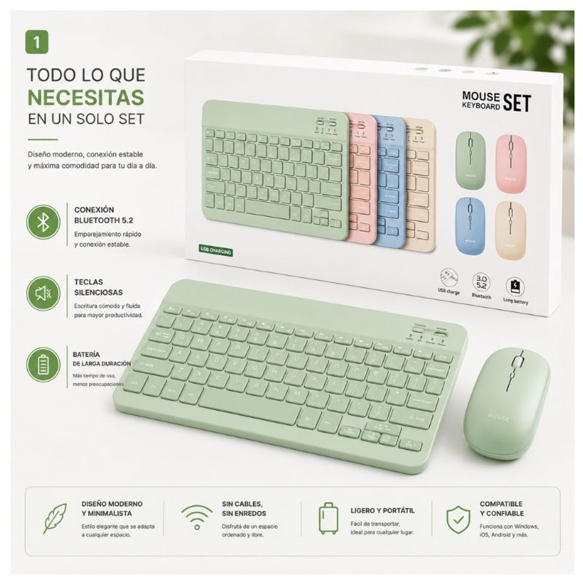 GENERICO - Kit de teclado mouse para iPad o Tablet Android Slim Verde