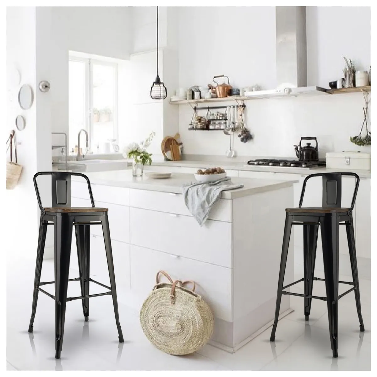 NOVAHUS - Pack 4 Pisos De Bar Tolix Asiento de Madera Negro