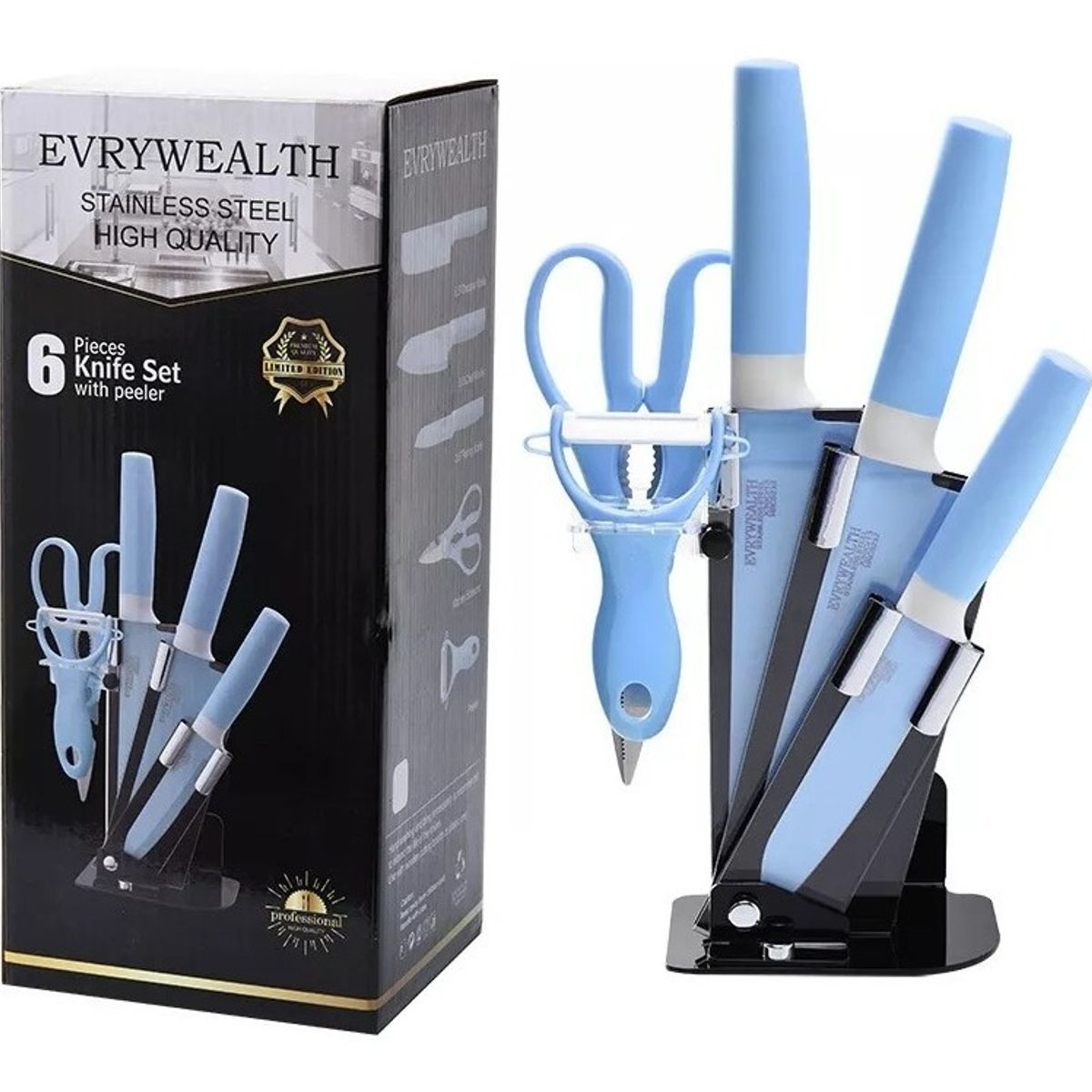 GENERICO - Set De Cuchillos de Cocina 6piezas + Pedestal Pelador y Tijera Celeste
