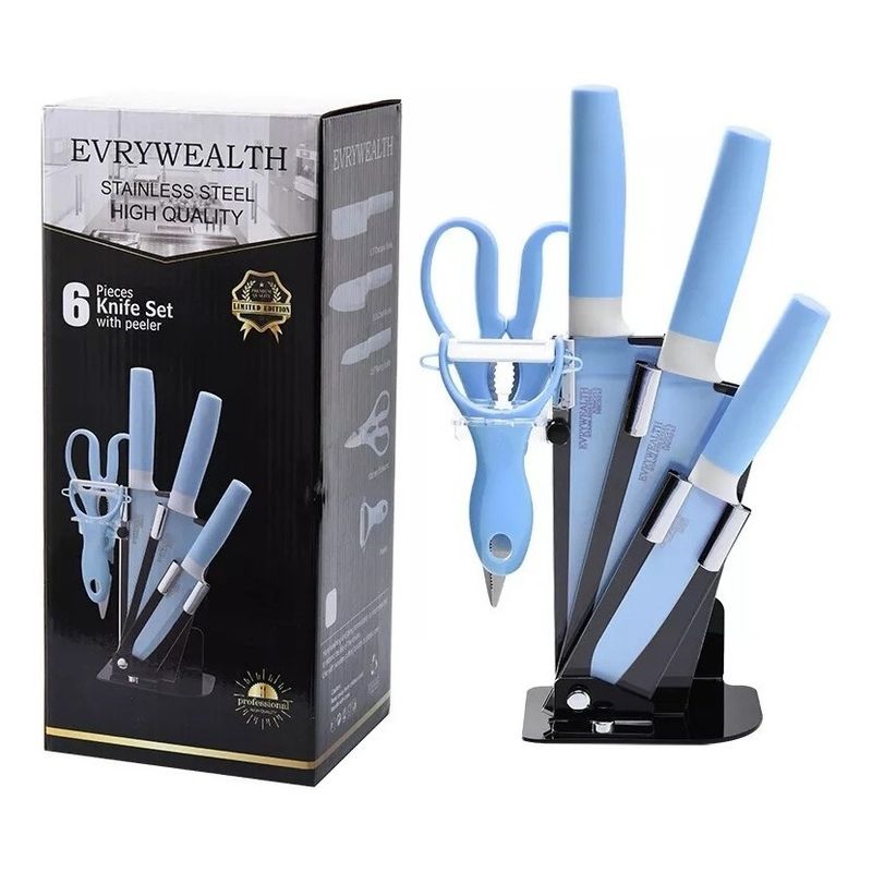 GENERICO - Set De Cuchillos de Cocina 6piezas + Pedestal Pelador y Tijera Celeste