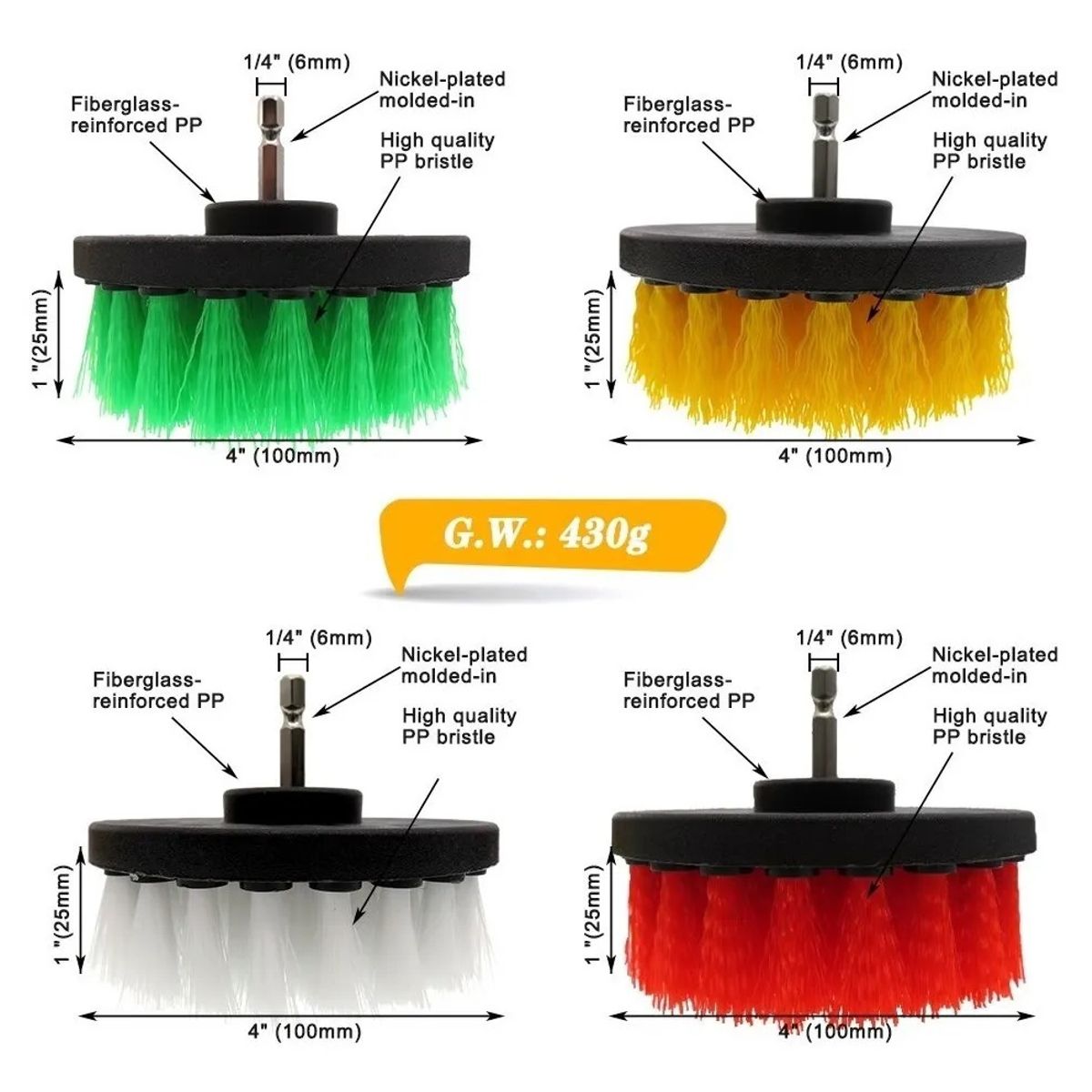 GENERICO - Set 4 Cepillo Taladro Tapiz Limpieza 4 Pulgada