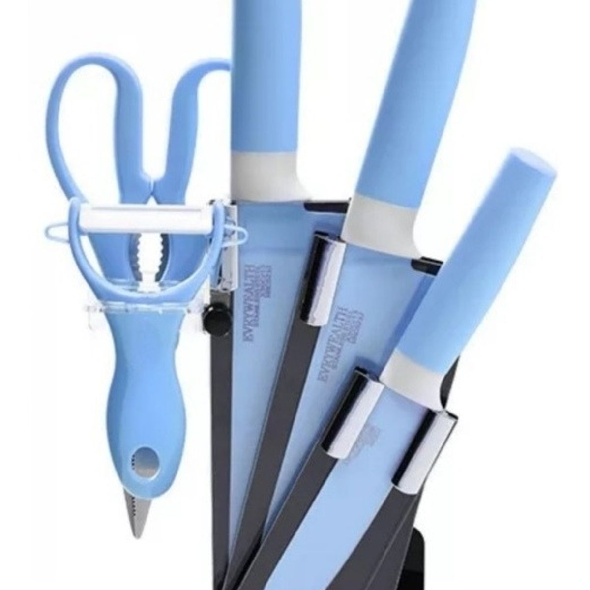 GENERICO - Set De Cuchillos de Cocina 6piezas + Pedestal Pelador y Tijera Celeste