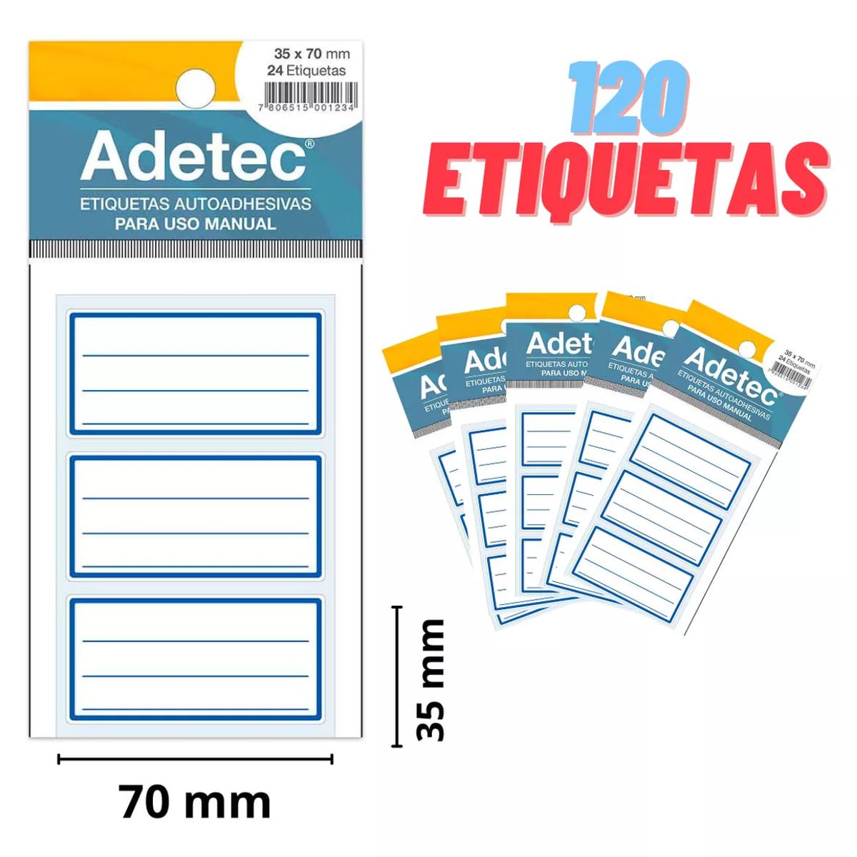 ADETEC - 120 Etiquetas Para Cuadernos Escolar Linea Azul 35x70 mm