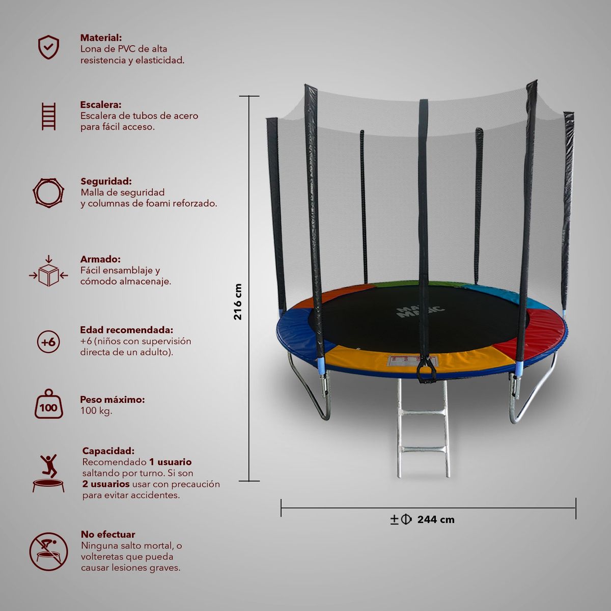 ASIAMERICA - Cama Elástica 8 Ft (244 Cm)