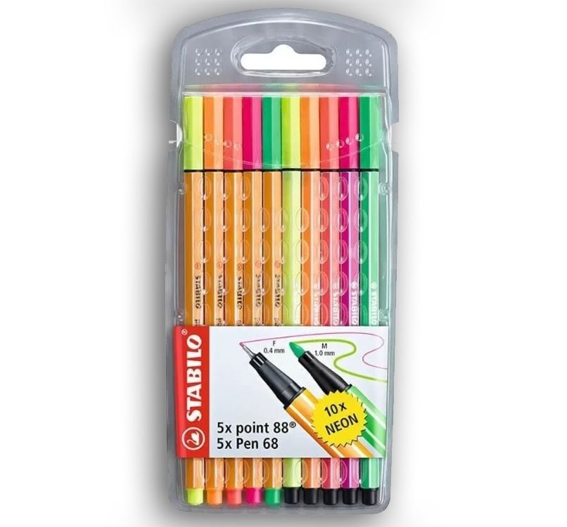 Set 10 Unidades 5 Colores Neon Point 88 y Pen 68