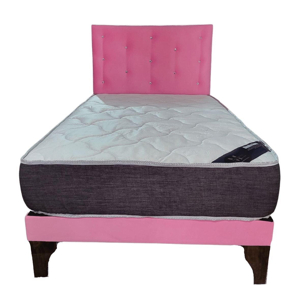 GENERICO - Cama Europea 1 1/2P Respaldo Rosado Felpa Colchón Resorte Bonnell.