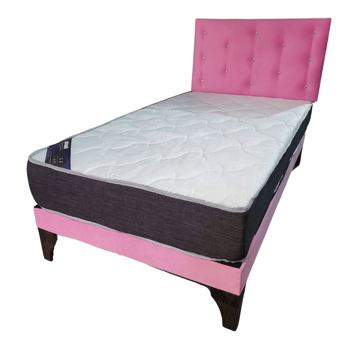 GENERICO - Cama Europea 1 1/2P Respaldo Rosado Felpa Colchón Resorte Bonnell.