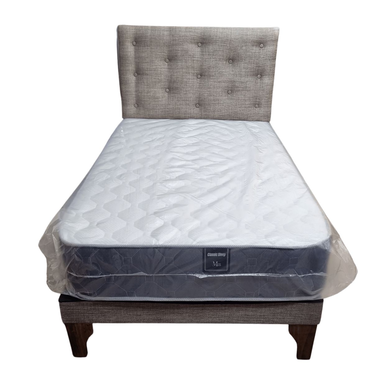 GENERICO - Cama Europea 1 1/2P Respaldo Gris Lino Colchón Resorte Bonnell.