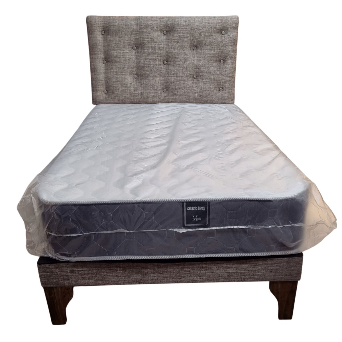 GENERICO - Cama Europea 1 1/2P Respaldo Gris Lino Colchón Resorte Bonnell.