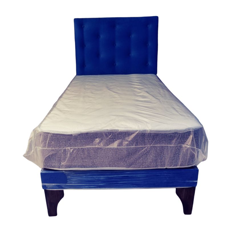GENERICO - Cama Europea 1Plaza Respaldo Azul Marino Felpa Colchón Resorte Bonnell