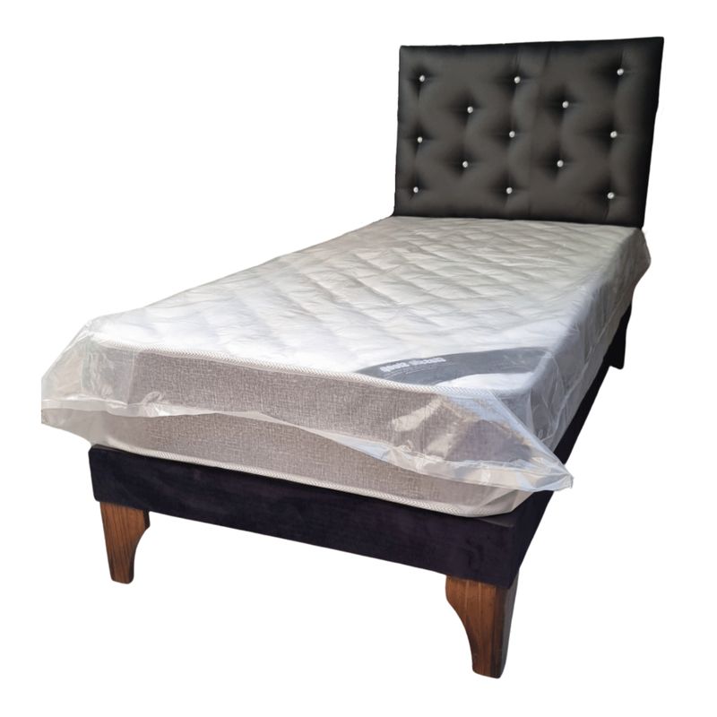 GENERICO - Cama Europea 1Plaza Respaldo Negro Eco Cuero Botón Diamante Colchón