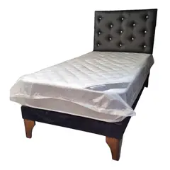 GENERICO - Cama Europea 1Plaza Respaldo Negro Eco Cuero Botón Diamante Colchón