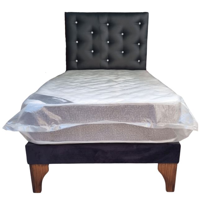GENERICO - Cama Europea 1Plaza Respaldo Negro Eco Cuero Botón Diamante Colchón.