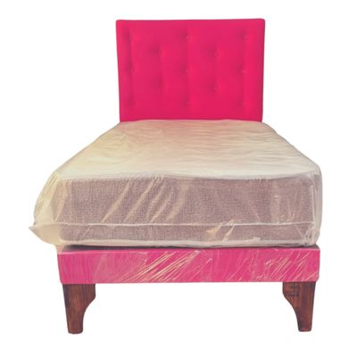 Imagen 2 del producto Cama Europea 1Plaza Respaldo Fucsia Felpa Colchón Resorte Bonnell