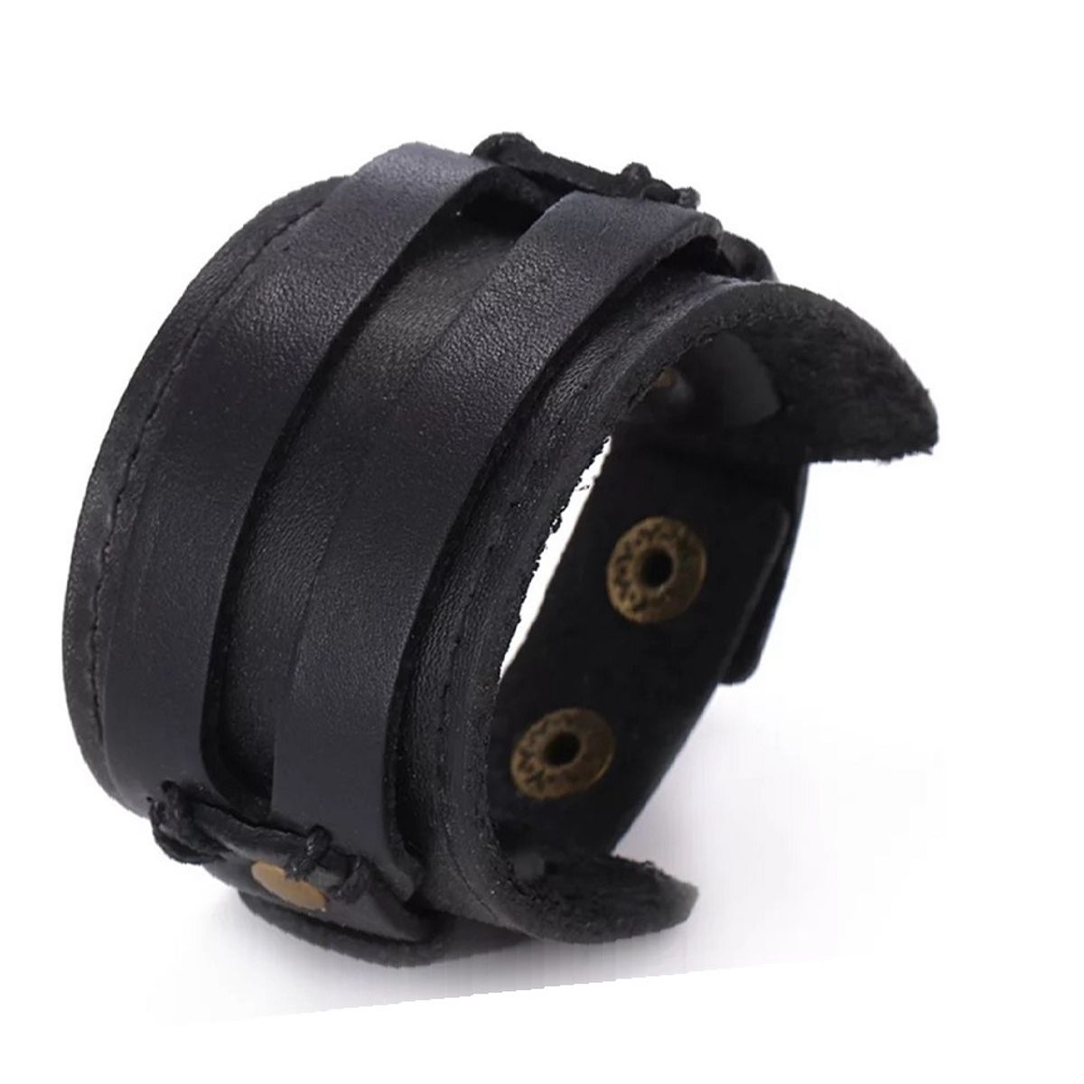 A 17 - Pulsera Brazalete Eco Cuero Liso Negro Masculino Negro