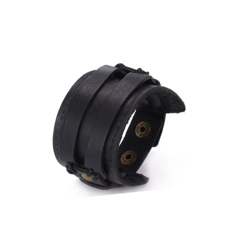 GENERICO - Pulsera Brazalete Eco Cuero Liso Negro Masculino Negro
