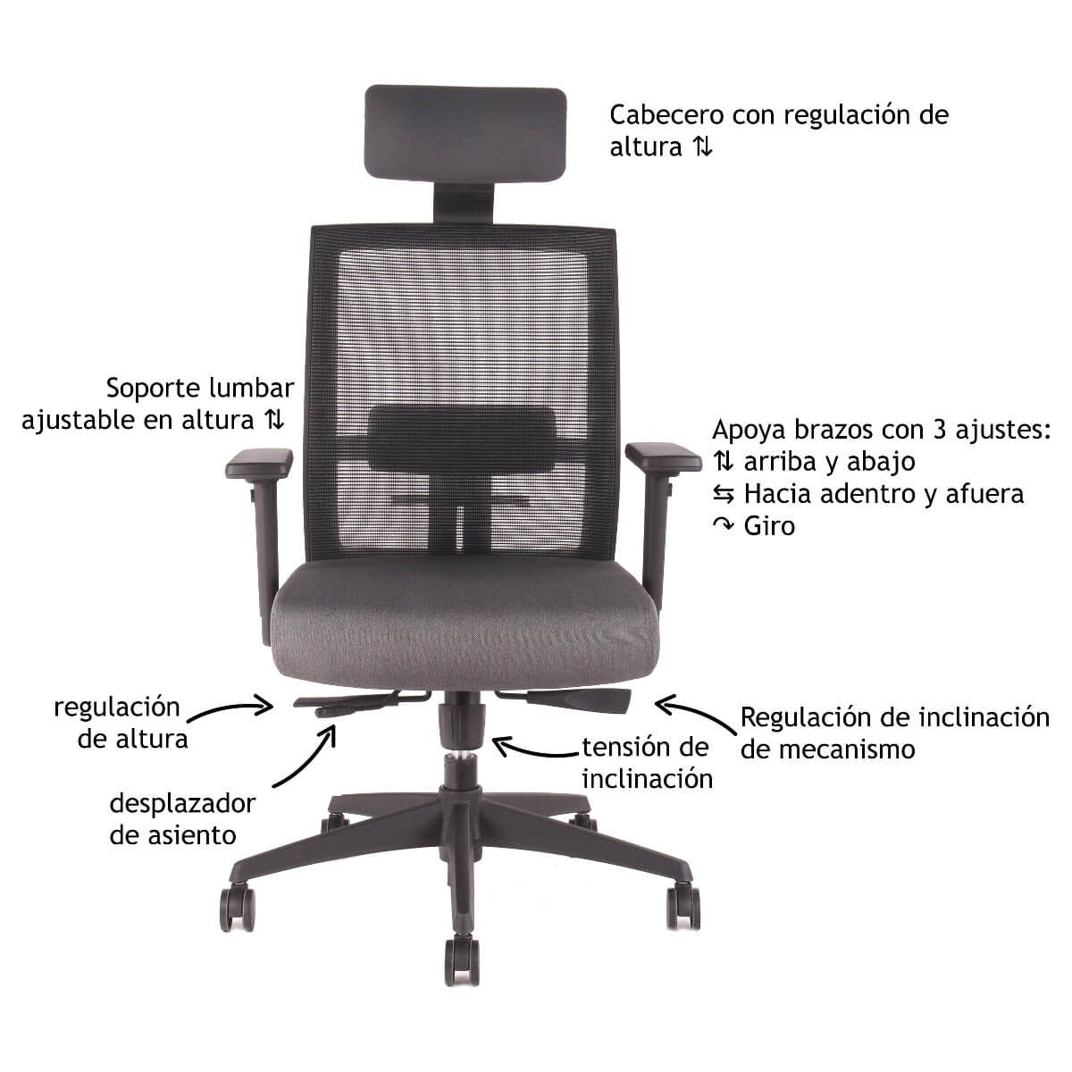 BOOKSTORE - Silla Gerencial Tor Full ergonómica con cabecero  Brazos 3D  Desplazador de asiento