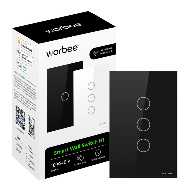 WORBEE - Interruptor Inteligente Wifi Triple Con y Sin Neutro Negro Homekit