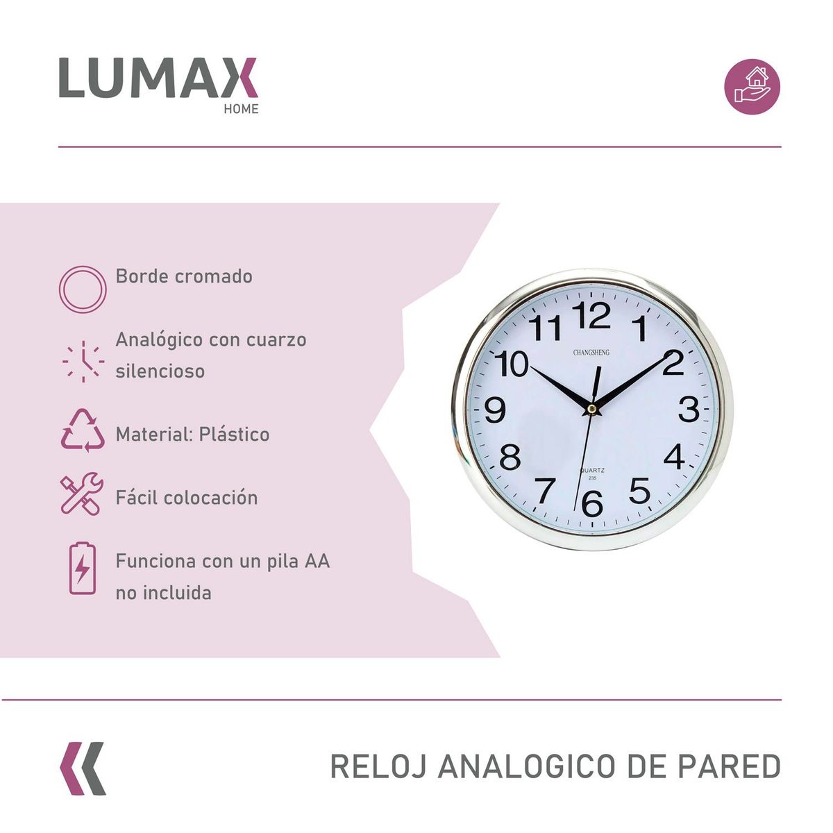 Reloj Analogico de Pared con Borde Cromado 26cm, marca LUMAX - Foto 2