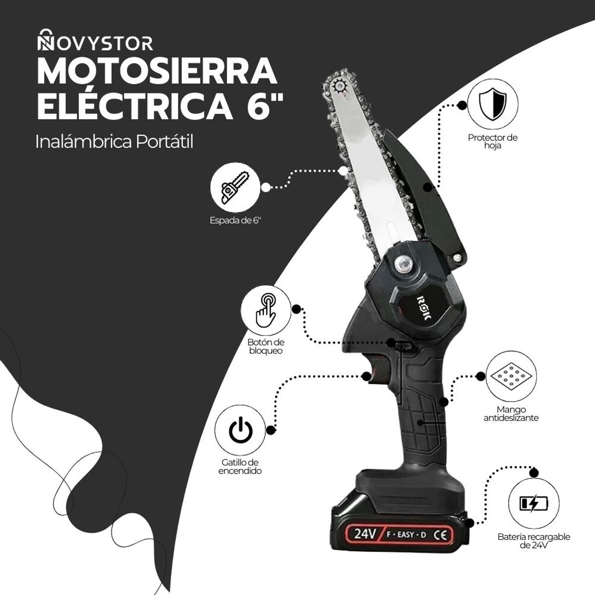 NOVYSTOR - Motosierra Eléctrica Inalámbrica Portátil De 6 Pulgadas