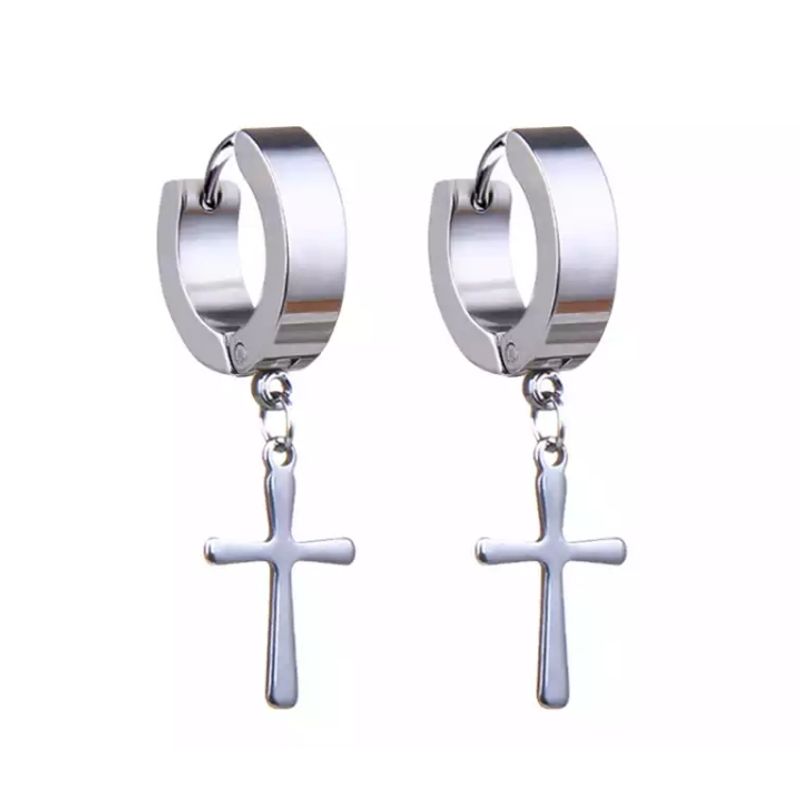 GENERICO - Aros con Estilo Aros Pendientes Con Cruz Colgante Plateada