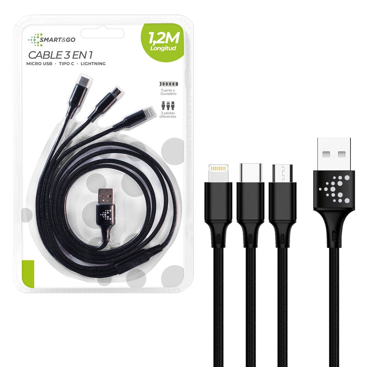 GENERICO - Cable 3 en 1 Smart&Go 1,2m Negro