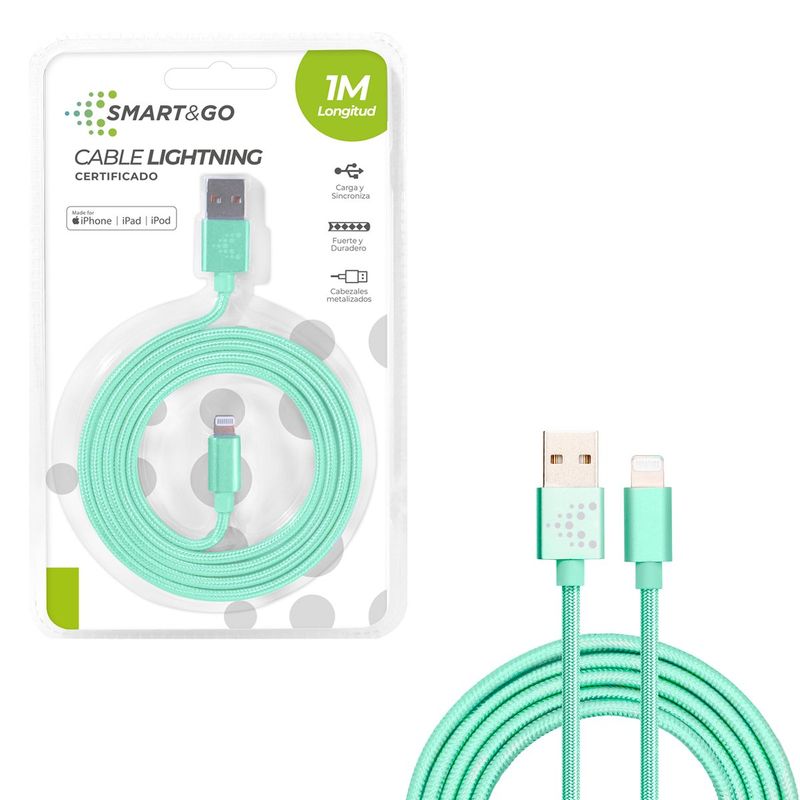 GENERICO - Cable Para iPhone Certificado Smart&Go 1m Menta
