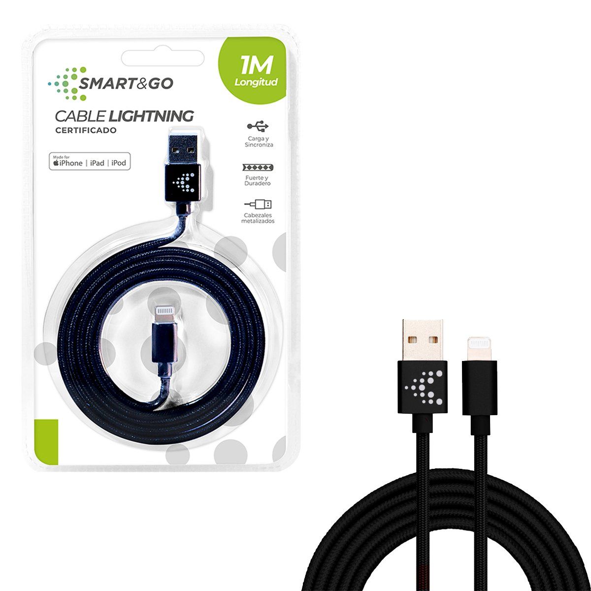 GENERICO - Cable Para iPhone Certificado Smart&Go 1m Negro