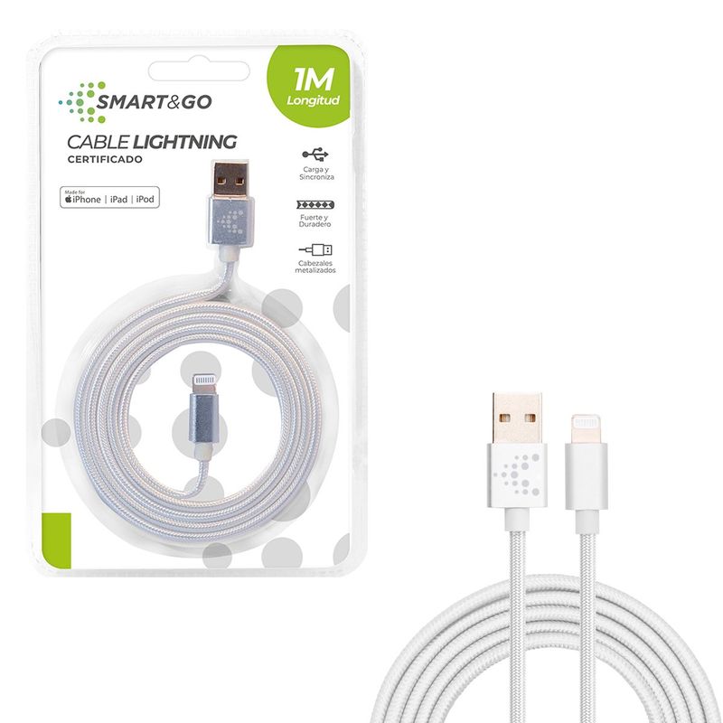 GENERICO - Cable Para iPhone Certificado Smart&Go 1m Plata