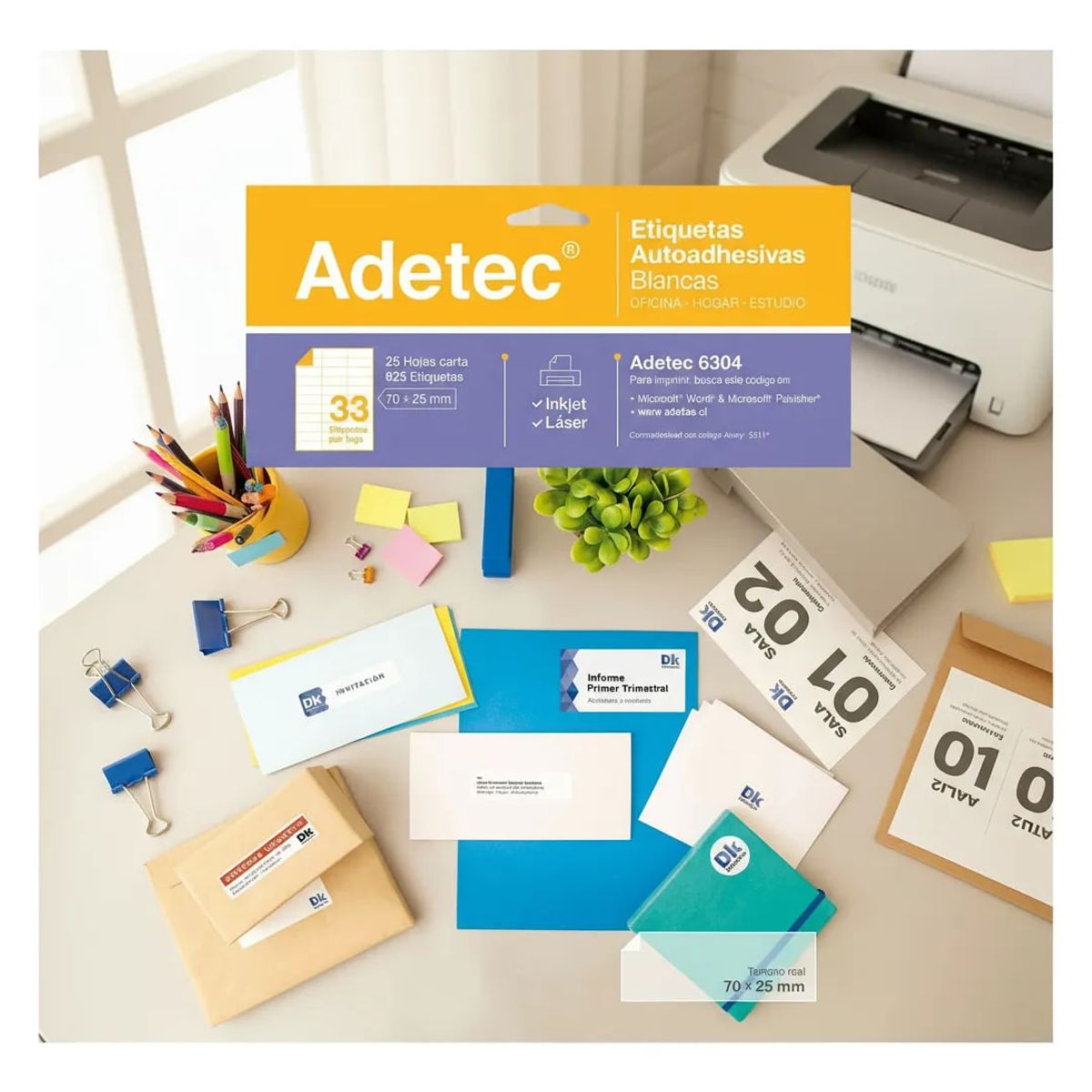 ADETEC - 825 Etiquetas Adhesivas Inkjet/laser 70x25 mm 25 Hj - 6304