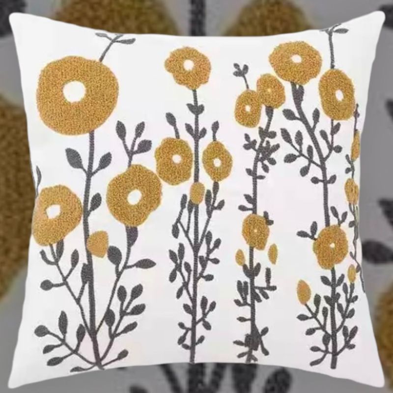 GENERICO - COJÍN BORDADO 45 CM X 45 CM FLOR GRIS MOSTAZA
