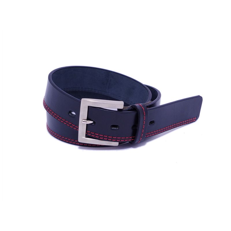TRELKE - CINTURON CUERO NEGRO DOBLE COSTURA ROJA