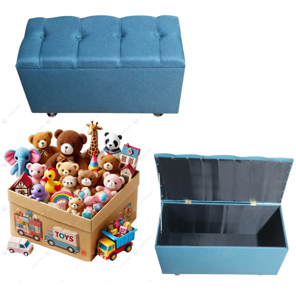 GENERICO - Banqueta baúl lino azul con almacenamiento patas metalicas.