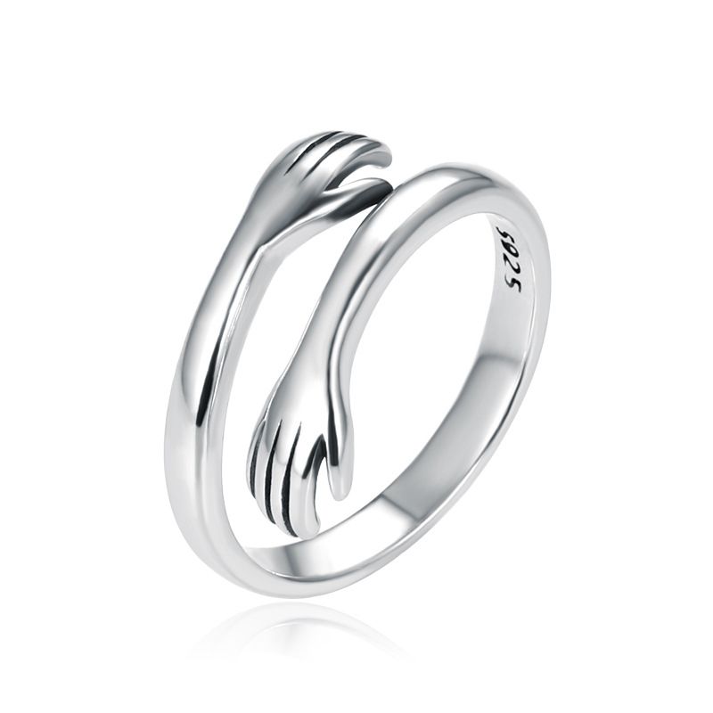KUANGYE - Anillo Ajustable Manos Abrazo Pareja De Bañado en plata Compromiso