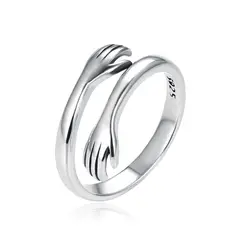KUANGYE - Anillo Ajustable Manos Abrazo Pareja De Bañado en plata Compromiso