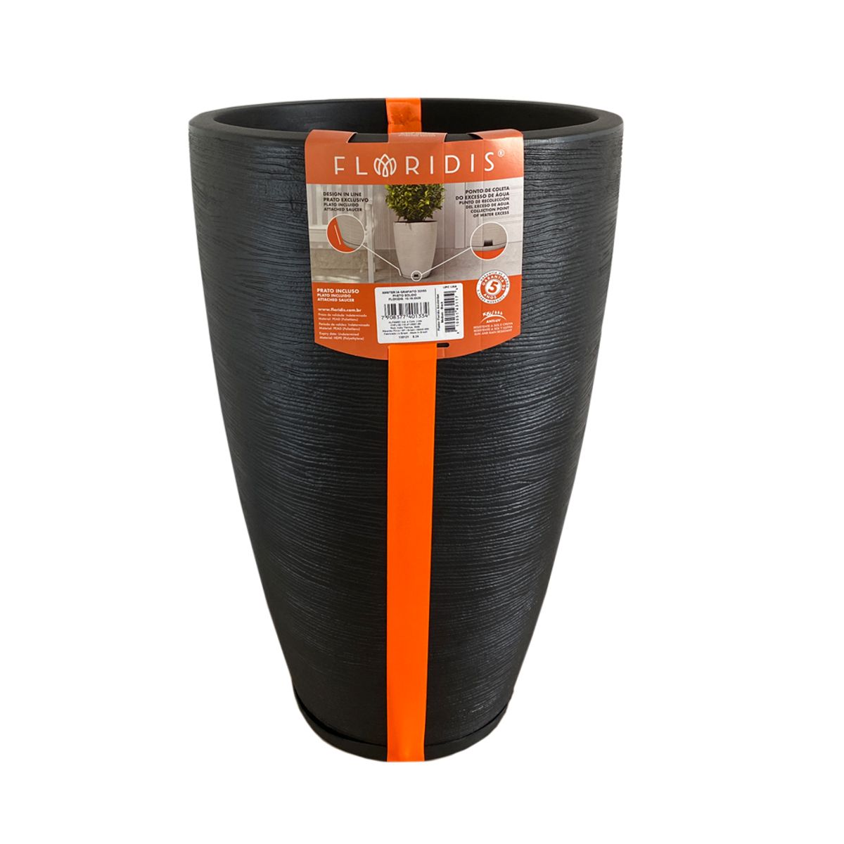 FLORIDIS - MACETERO FLORIDIS NEGRO AMSTERDAM 65 CM ALTO CON PLATO