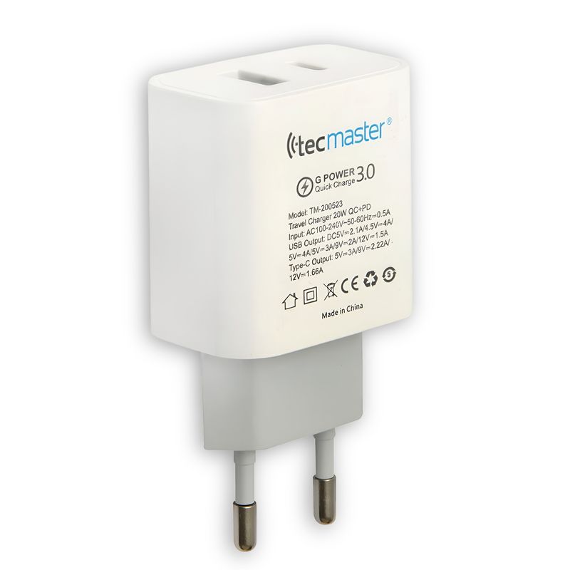 TECMASTER - Cargador USB-C Power Delivery 20W + USB Quick Charge 3.0 20W - Blanco.