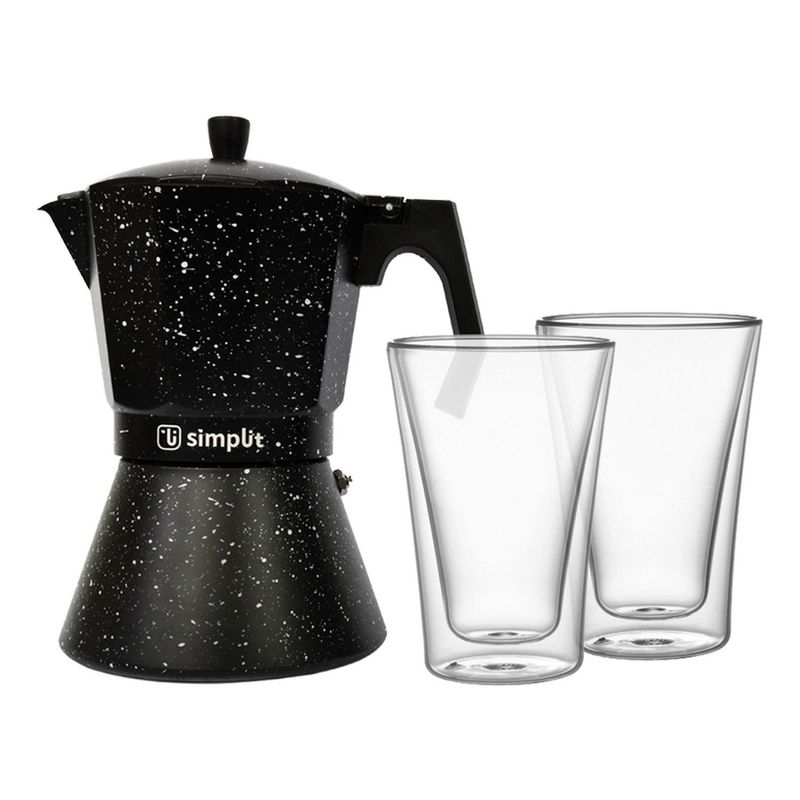SIMPLIT - Pack Cafetera Italiana 4 Tazas + Set 2 Vasos Doble Pared
